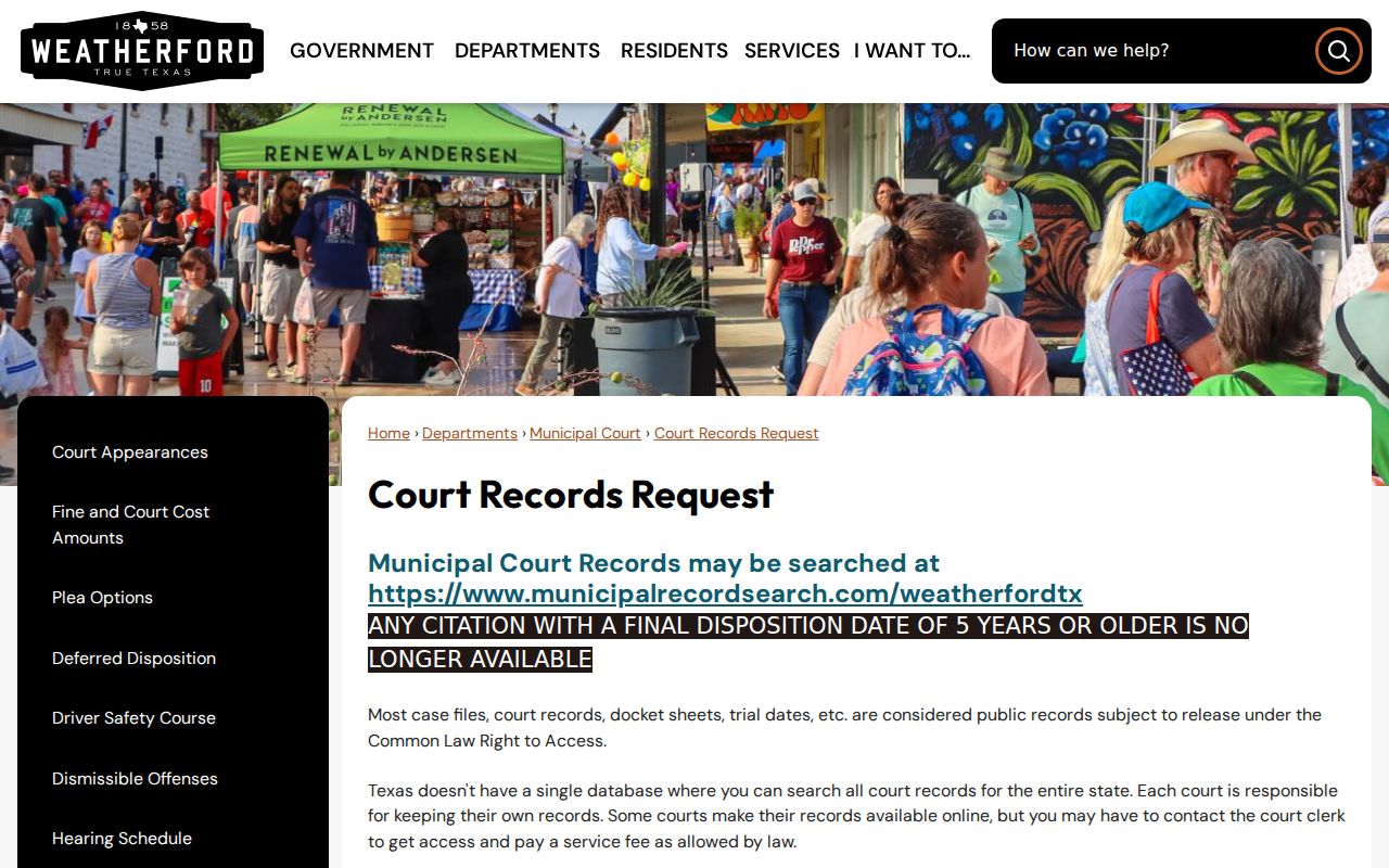 Weatherford court record request and docket search information in Parker County