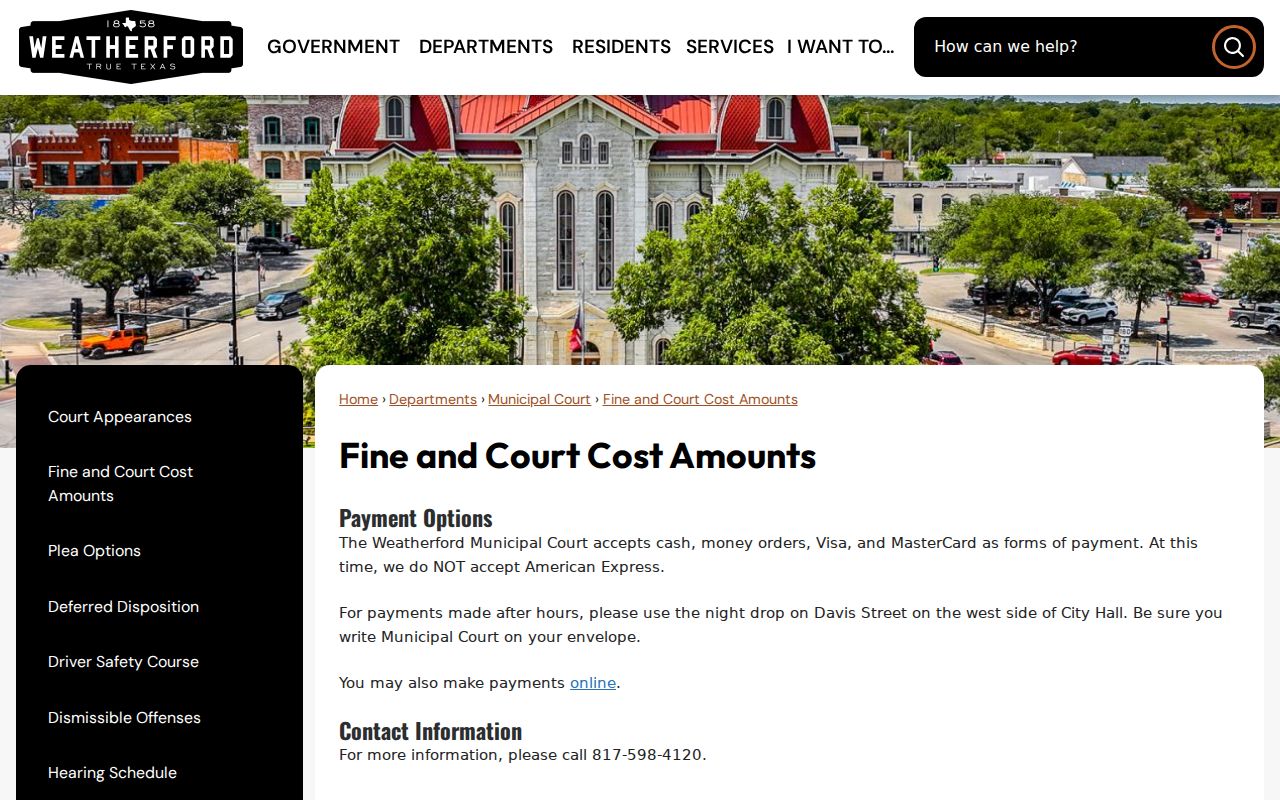 Weatherford traffic court docket fine information in Parker County