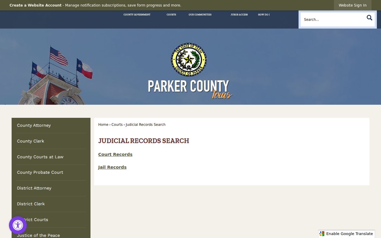 Parker County Judicial Records Search landing page